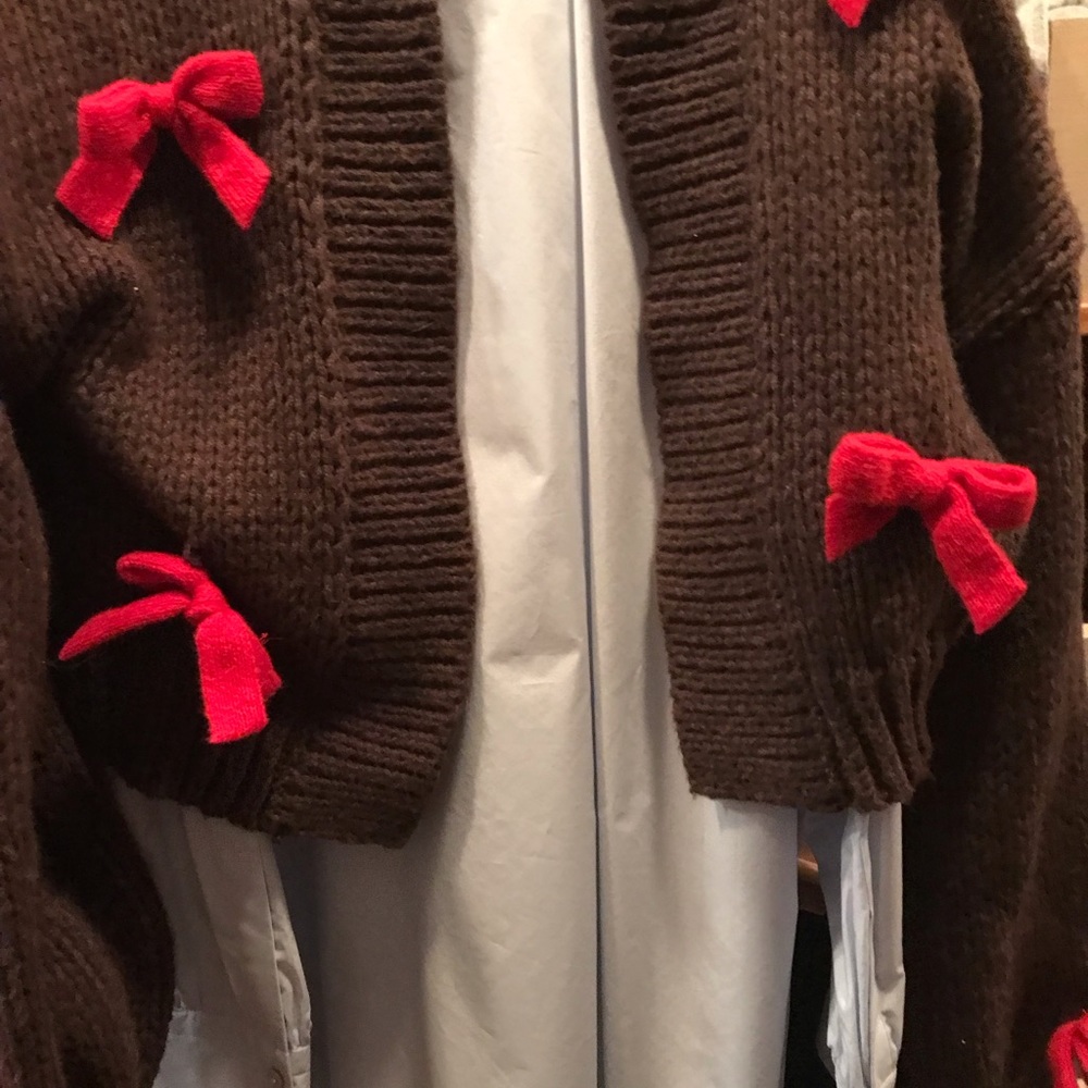 Brown Knit Jacket with Red Bows from Anthropology
Size medium